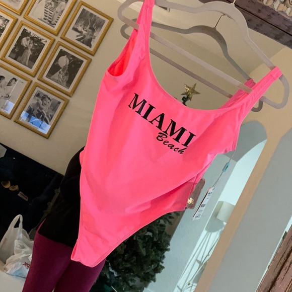 NWT Neon Pink High Cut One Piece Swimsuit - Picture 1 of 4